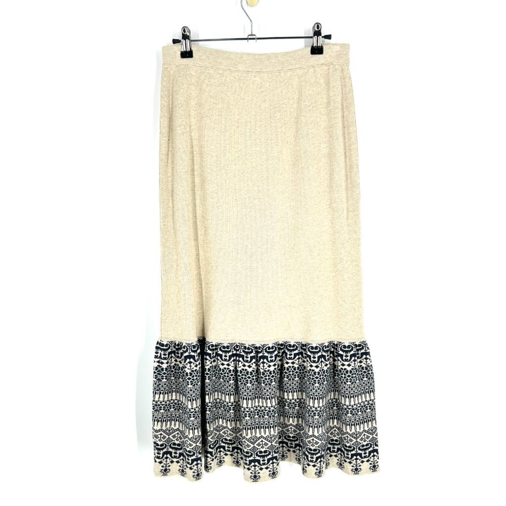 Peruvian Connection 100% Pima Cotton Midi Beige/Blue Trumpet Skirt Small